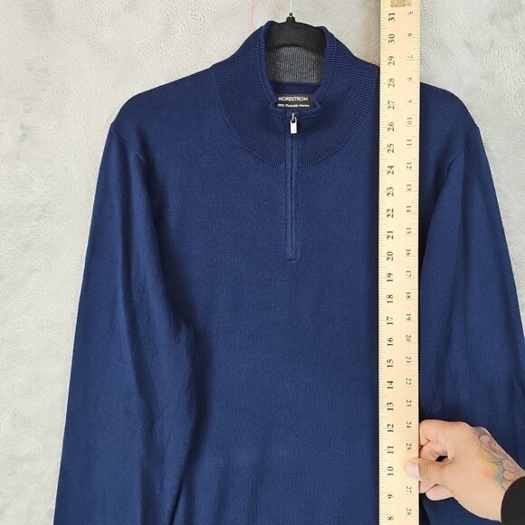 Nordstrom Washable Merino Wool Sweater Mens Size L Navy Blue 1/4 Zip Mock Neck - Picture 5 of 7